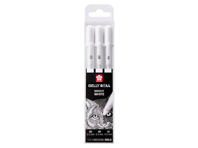 Sakura Basic White Gelschreiber 3er Set – weiss, 0,3/0,4/0,5 mm, schnelltrocknend, für dunkles Papier, Kappe