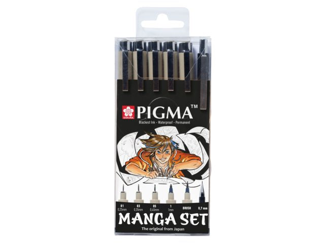Sakura Pigma Manga Fineliner Set – 6 Stk., Mehrfarbig, Schwarz, Wasserfest