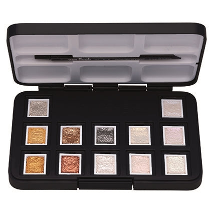 Van Gogh Pocket Box – Aquarellfarben – Set, 12 Farben, metallic & perleffekt, inkl. Schwamm & Pinsel
