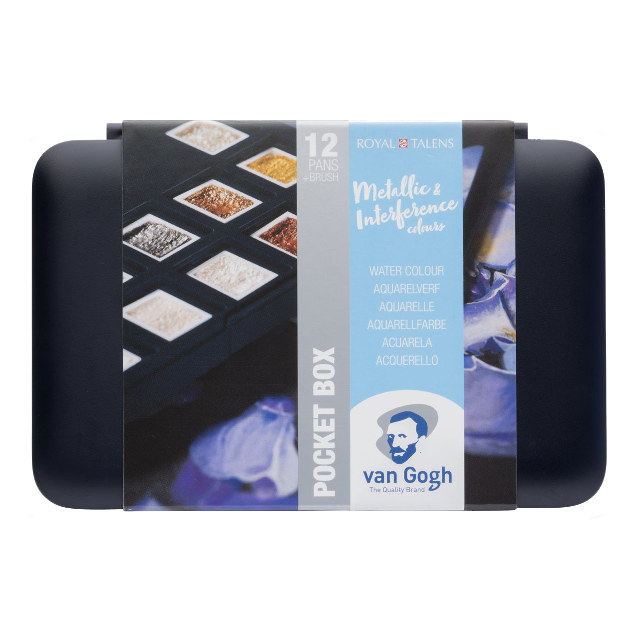 Van Gogh Pocket Box – Aquarellfarben – Set, 12 Farben, metallic & perleffekt, inkl. Schwamm & Pinsel