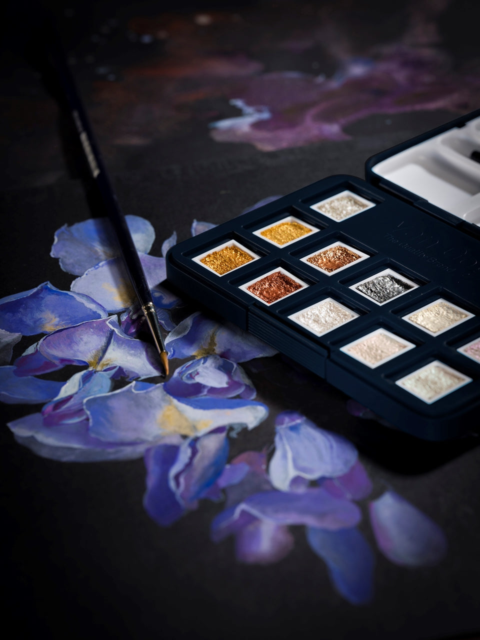 Van Gogh Pocket Box – Aquarellfarben – Set, 12 Farben, metallic & perleffekt, inkl. Schwamm & Pinsel