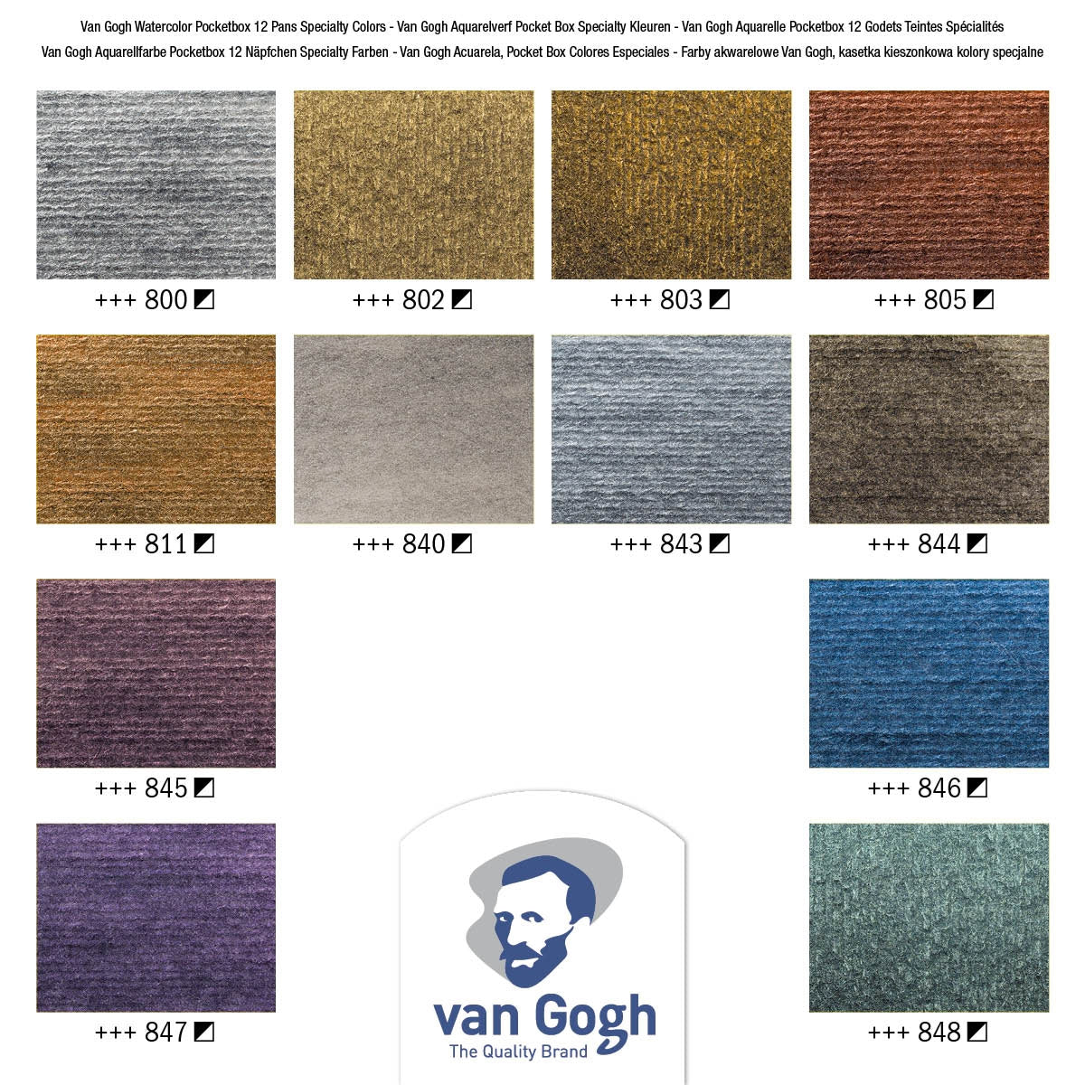 Van Gogh Pocket Box – Aquarellfarben – Set, 12 Farben, metallic & perleffekt, inkl. Schwamm & Pinsel