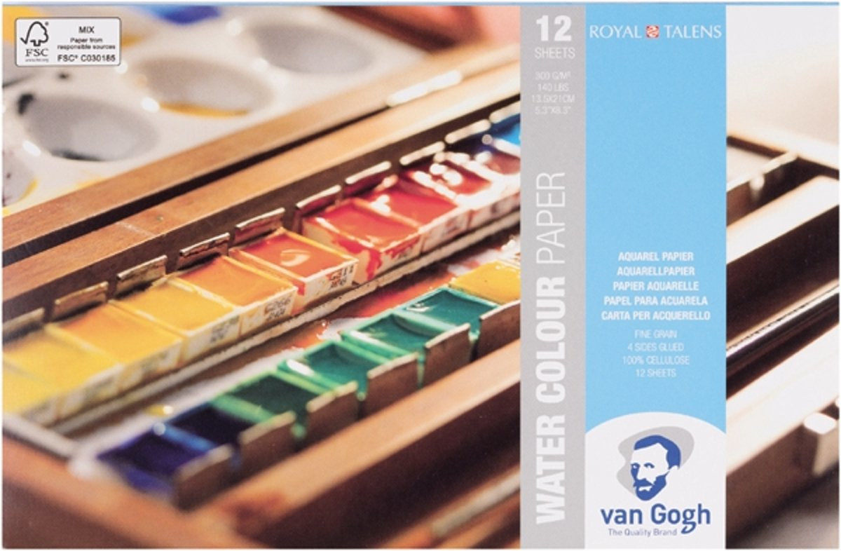 Van Gogh Aquarellblock – 13,5 × 21 cm – 300 g/m² – 4-seitig geleimt – 12 Blatt, weiss, kaltgepresst