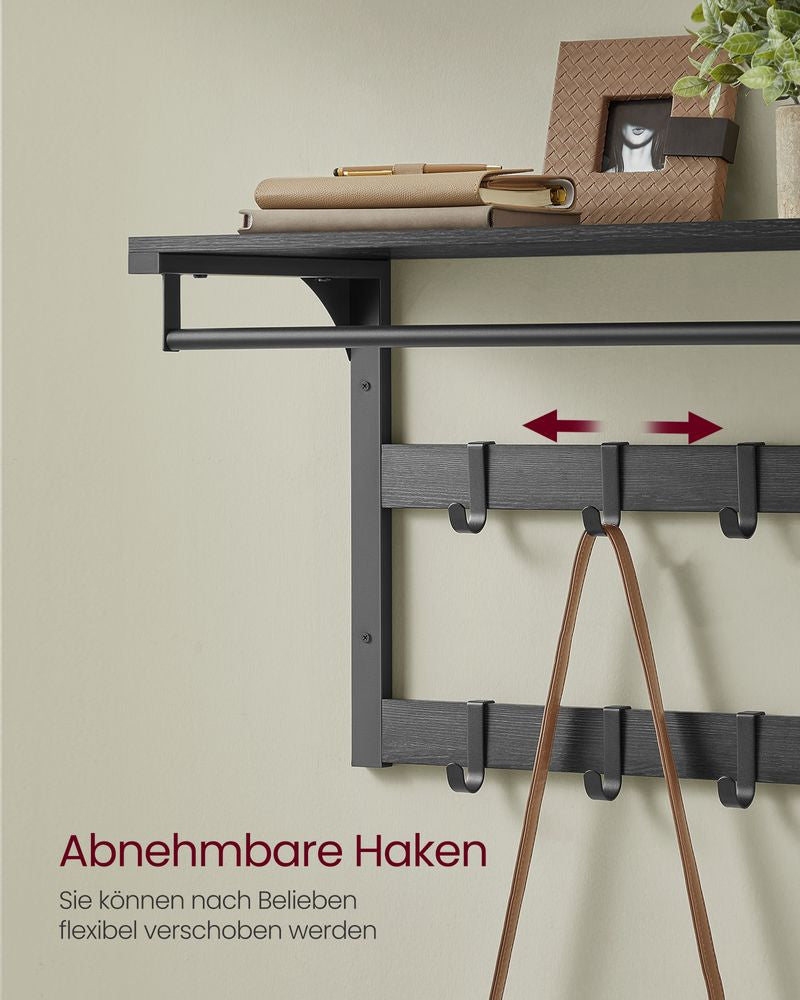 Vasagle Wandgarderobe – 10 Haken, mit Ablage, Stahl/Spanplatte, Schwarz, 65 × 30 × 42 cm