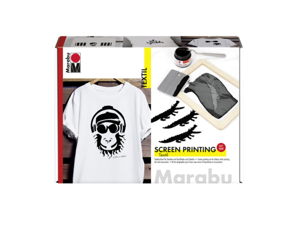 Marabu Textilfarbe-Set Siebdruck – 100 ml Lampenschwarz 974 – inkl. Sieb A5, Rakel, Malmesser