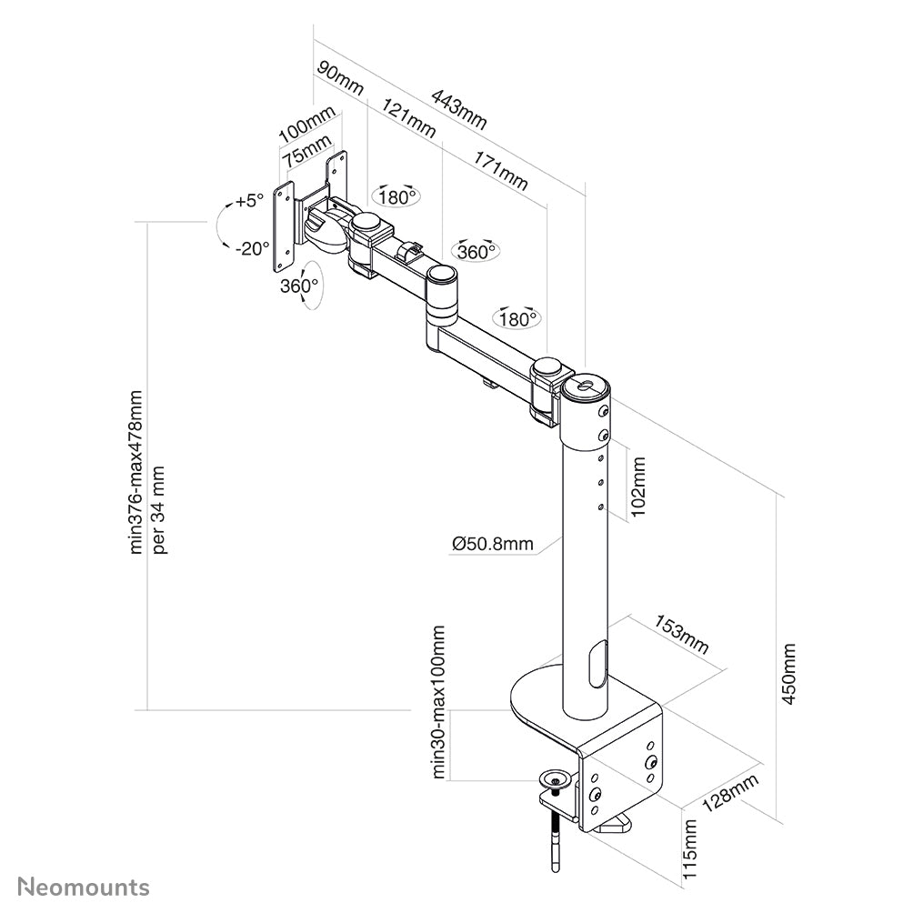 Neomounts Monitorarm, Tischklemme, bis 49", 20 kg, höhenverstellbar, schwarz