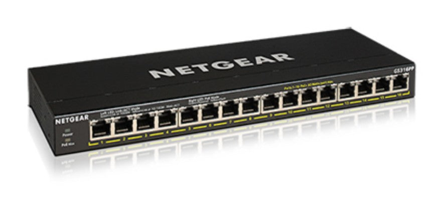 NETGEAR GS316PP – Unmanaged Switch – 16× 1G, PoE+, PoE-Budget 183 W, Desktop