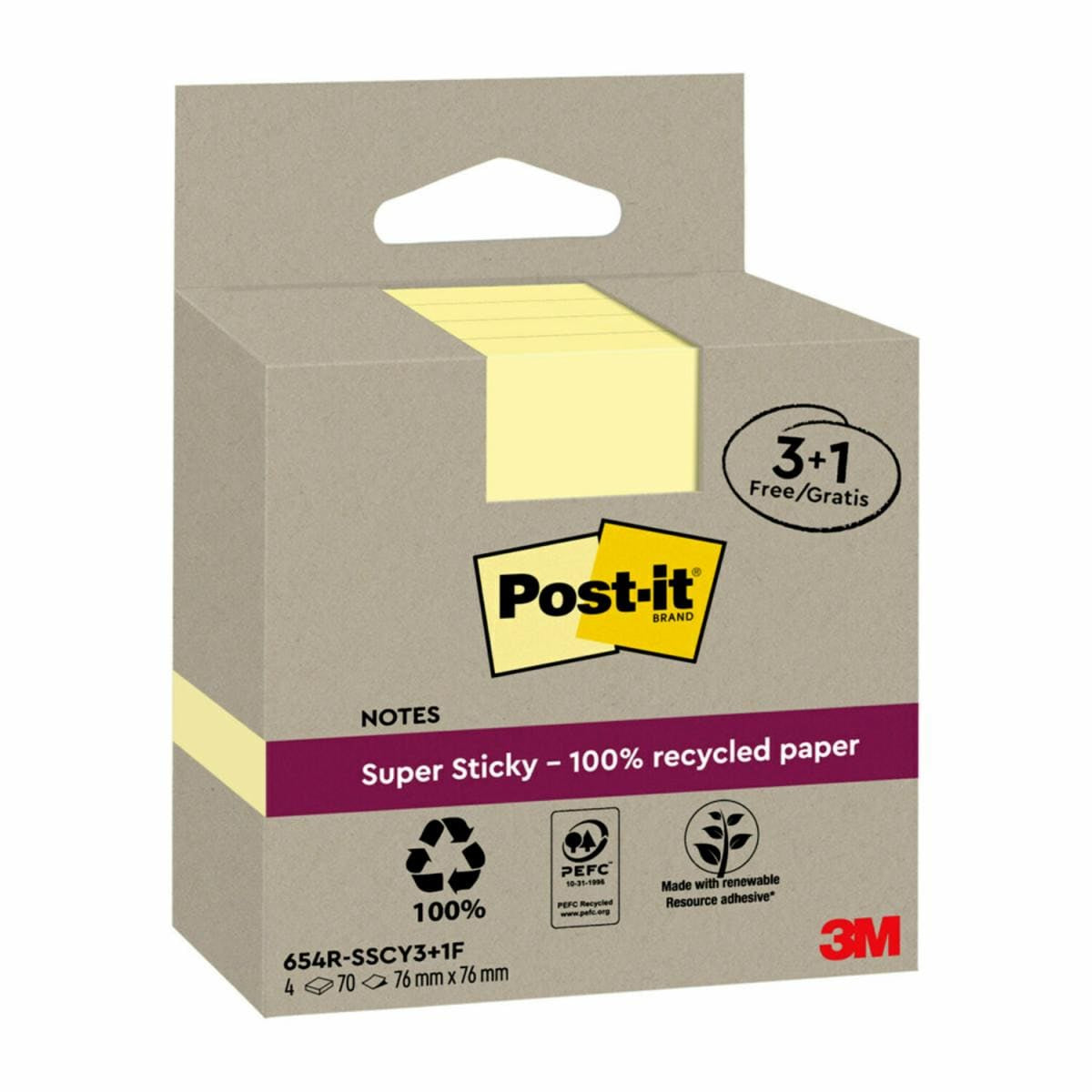 Post-it Haftnotizen Super Sticky – 76×76 mm – gelb, 4×70 Blatt, PEFC