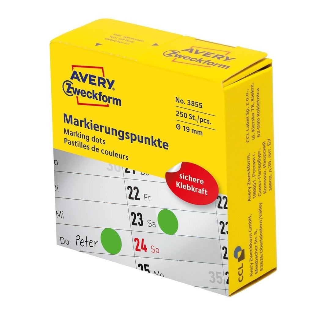 AVERY Zweckform Markierungspunkte – Ø 19 mm, permanent, grün, Papier, 1 Rolle (250 Stk.), Spenderbox