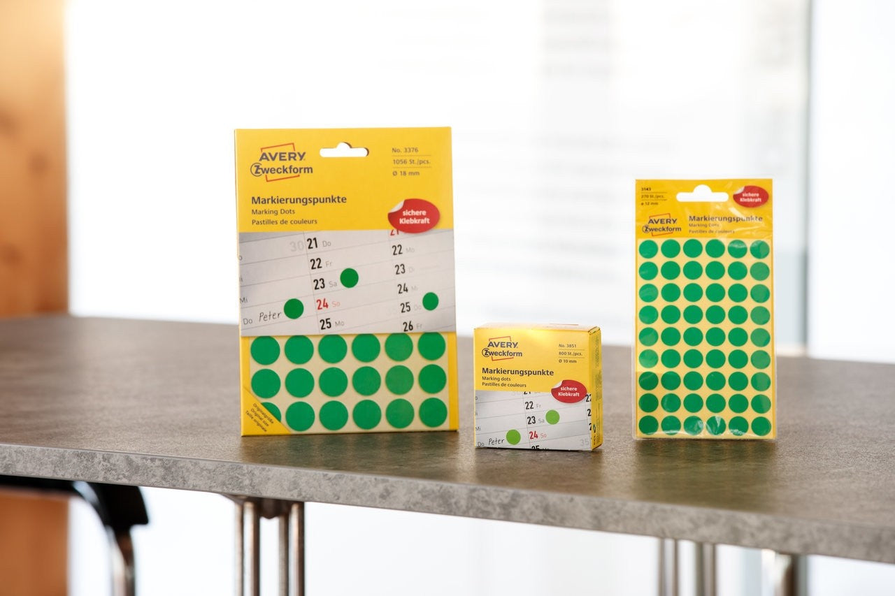 AVERY Zweckform Markierungspunkte – Ø 19 mm, permanent, grün, Papier, 1 Rolle (250 Stk.), Spenderbox