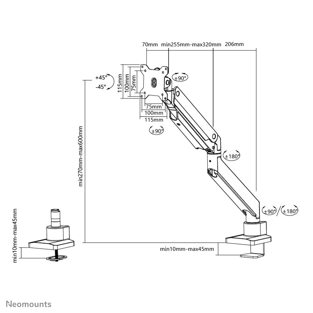 Neomounts D775 Blackplus – Monitorarm, Tischklemme, Tischdurchführung, bis 49", höhenverstellbar, Gasfeder