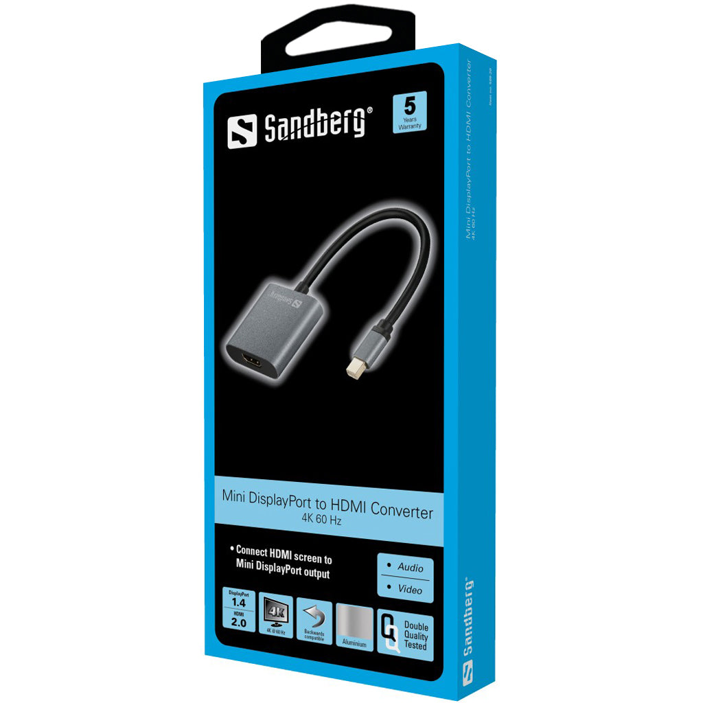 Sandberg Adapter Mini DisplayPort zu HDMI – 4K (3840 × 2160) @ 60 Hz, DisplayPort 1.4, HDMI 2.0, Grau