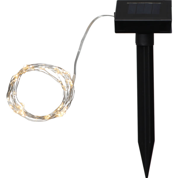 Star Trading Lichterkette Dew Drop – 5 m, 1 W, Warmweiss, IP44, Akku & Solar, Silber