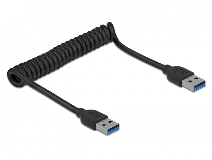DeLOCK USB-Kabel, USB-A auf USB-A – USB 3.2 Gen 1 (5 Gbit/s) – 1,2 m – Spiralkabel, Goldstecker – Schwarz