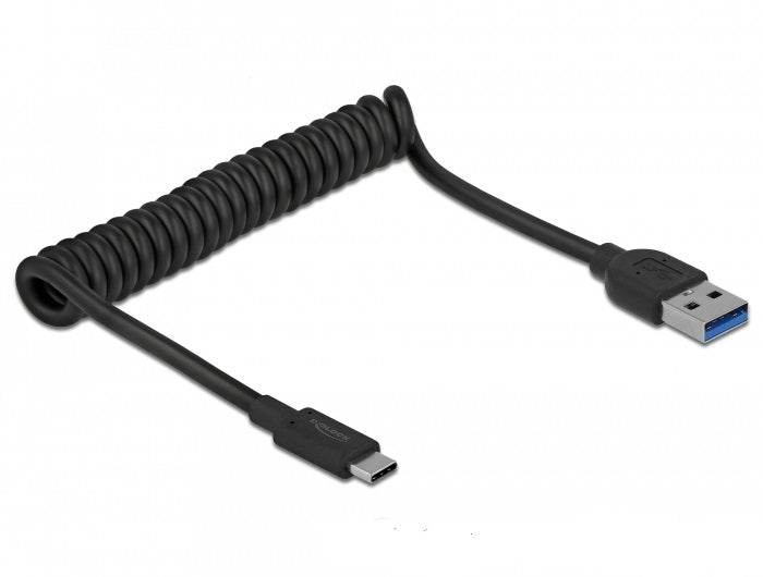 DeLOCK USB-A auf USB-C Kabel – USB 3.2 Gen 2 (10 Gbit/s) – 1,2 m – Spiralkabel, Goldstecker – Schwarz