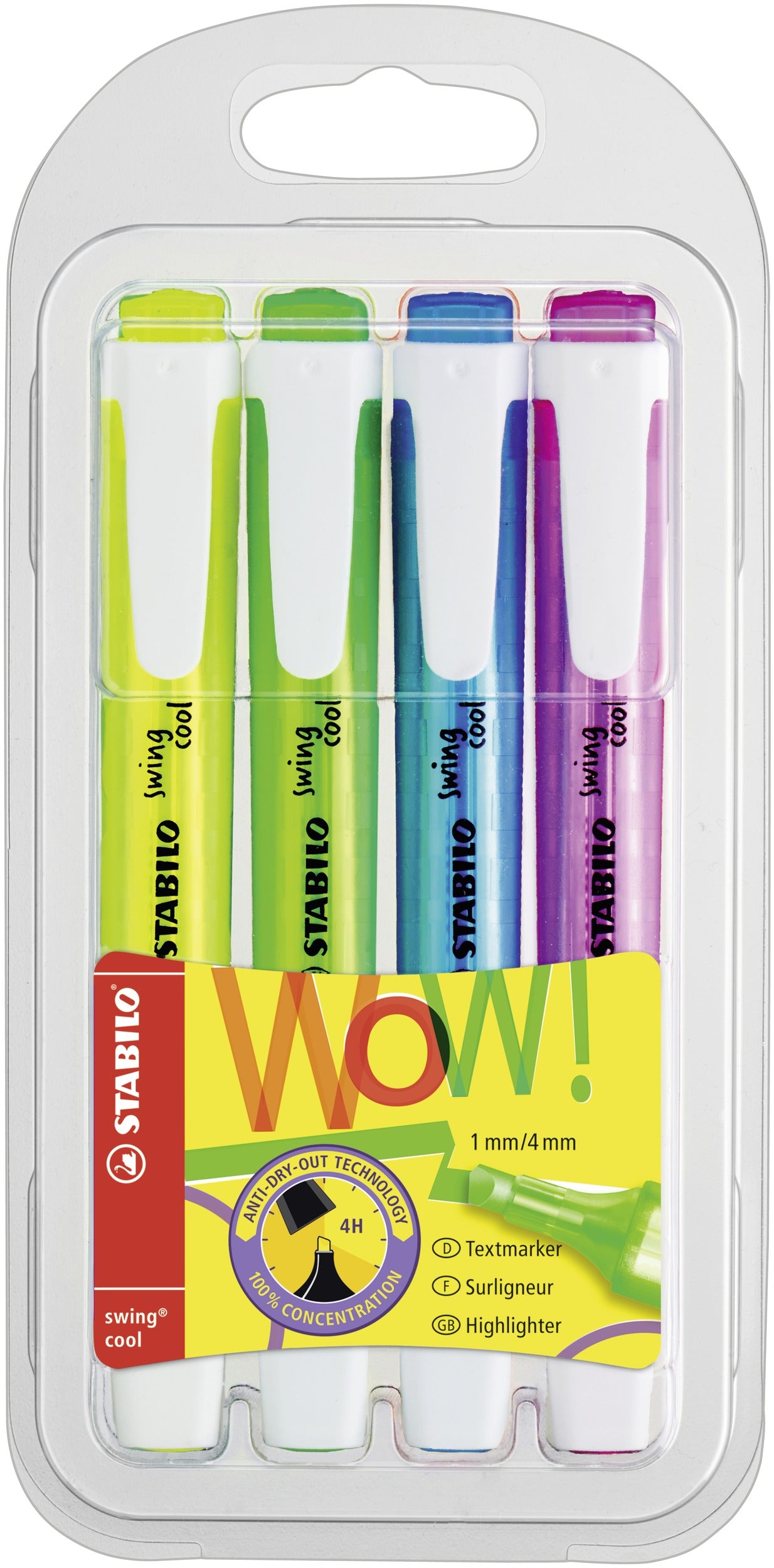STABILO Swing Cool Pastell Textmarker – 4er Set, Farben sortiert, Keilspitze 1–4 mm