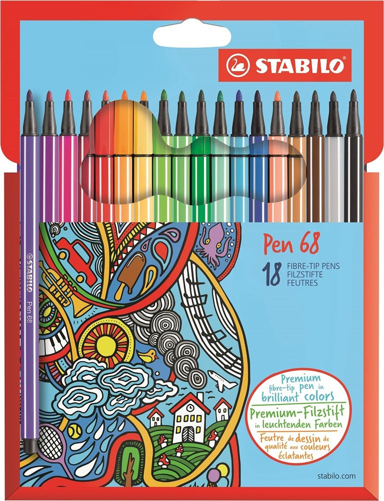 STABILO Pen 68 Filzstift – Rundspitze, 1 mm, wasserbasiert, 18 Farben