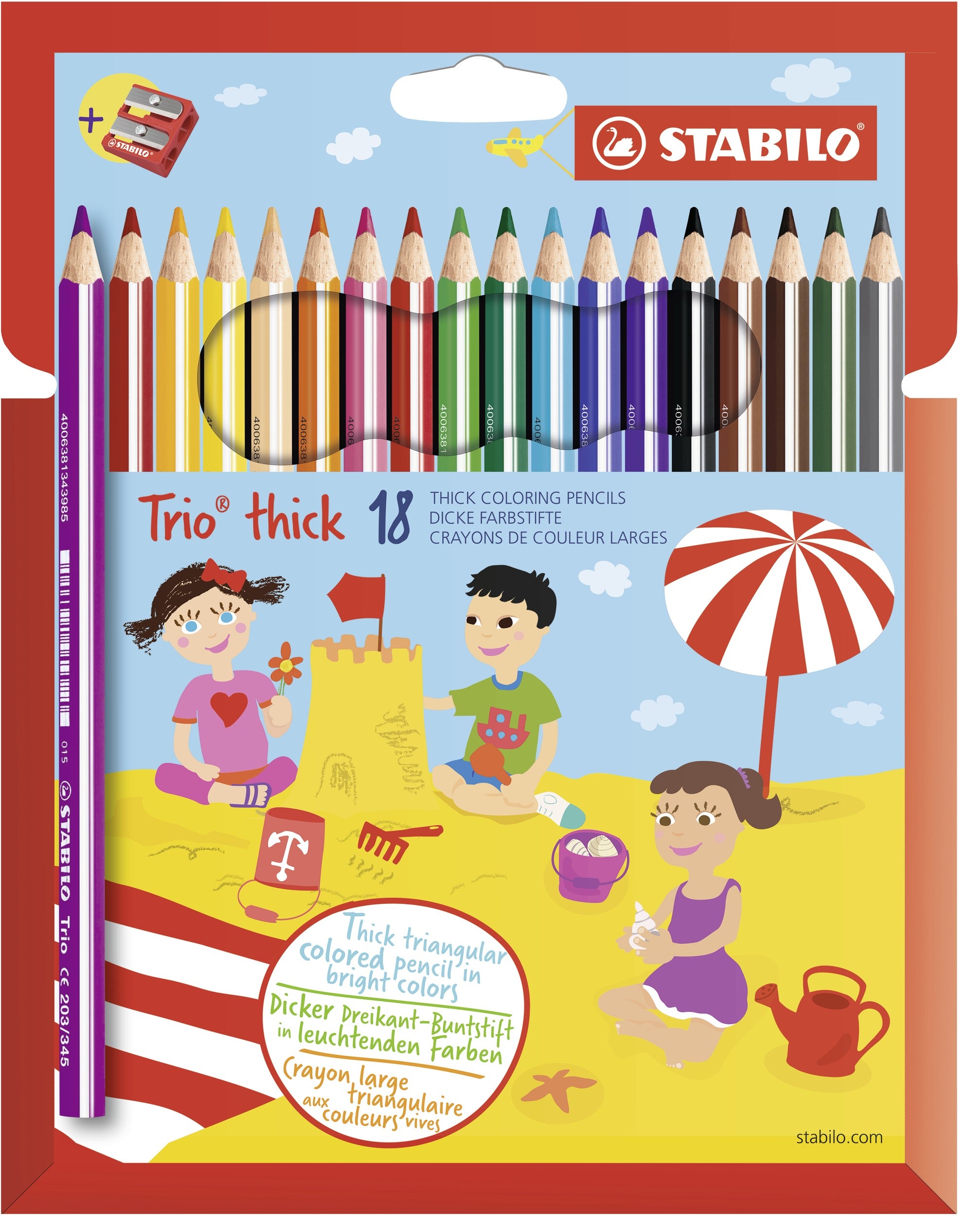STABILO Buntstifte Trio – Pastell, Dreikant, Minen-Ø 4,2 mm, 18 Farben, in Kartonetui, mit Spitzer