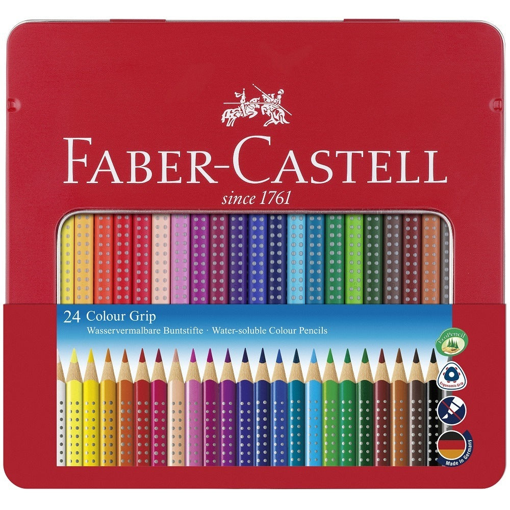Faber-Castell Aquarellfarbstifte Colour Grip 2001 – 24 Farben, im Metalletui, Ø 3 mm, dreikantig, FSC