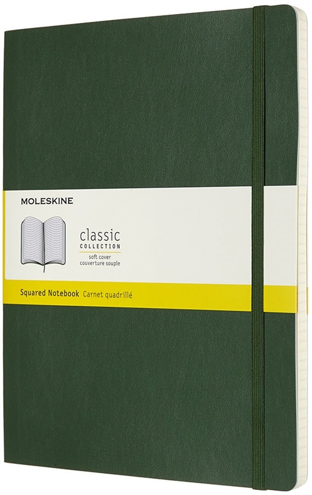 Moleskine Notizbuch – 250 × 190 mm – kariert – 192 Seiten – Softcover, Gummiband, Falttasche – Myrtengrün