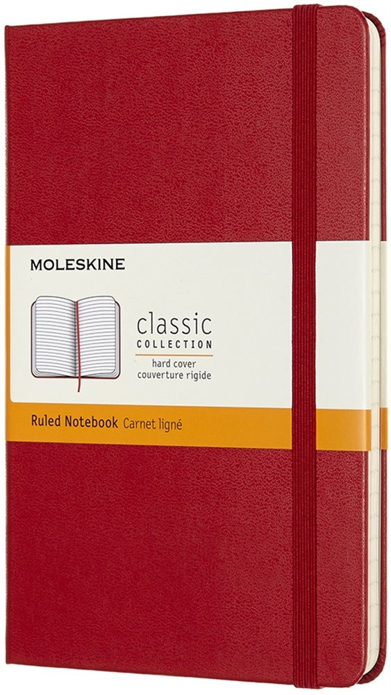 Moleskine Notizbuch, 115 × 180 mm, liniert, Leimbindung, Hardcover, 208 Seiten, 70 g/m² – scharlachrot