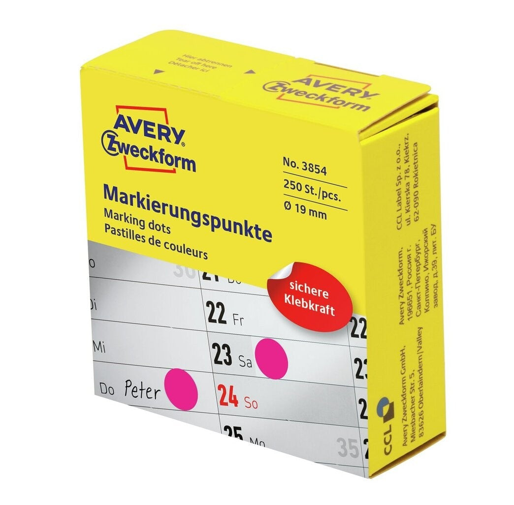AVERY Zweckform Markierungspunkte – Ø 19 mm, permanent, magenta, 1 Rolle (250 Stk.)