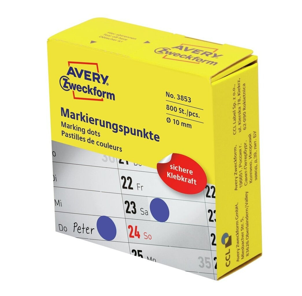 AVERY Zweckform Markierungspunkte – Ø 10 mm, permanent, blau, Papier, Rolle (800 Stk.), Spenderbox