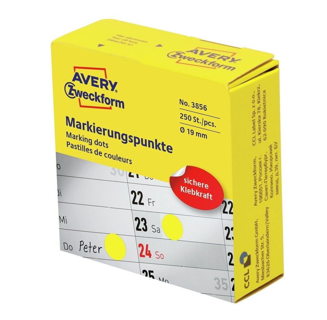 AVERY Zweckform Farbpunkte – Ø 19 mm, permanent, gelb, 1 Rolle (250 Stk.), Spenderbox