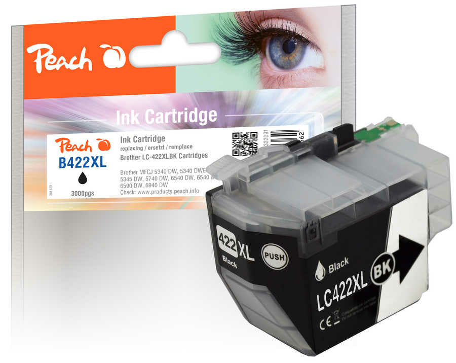 Peach Tintenpatrone LC-422XL, Schwarz, 3'000 Seiten, kompatibel – für Brother MFCJ 5340/5345/5740 u. a.