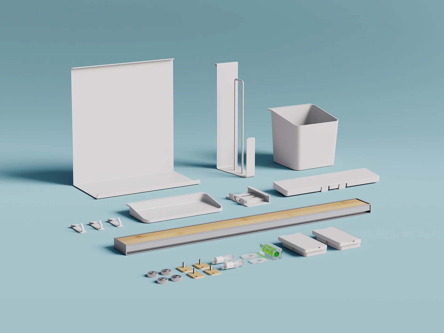 TESA Küchenorganizer Kombi-Set L – für Küchenreling aus Aluminium – weiss & Bambus – 86,5 × 34 × 14 cm