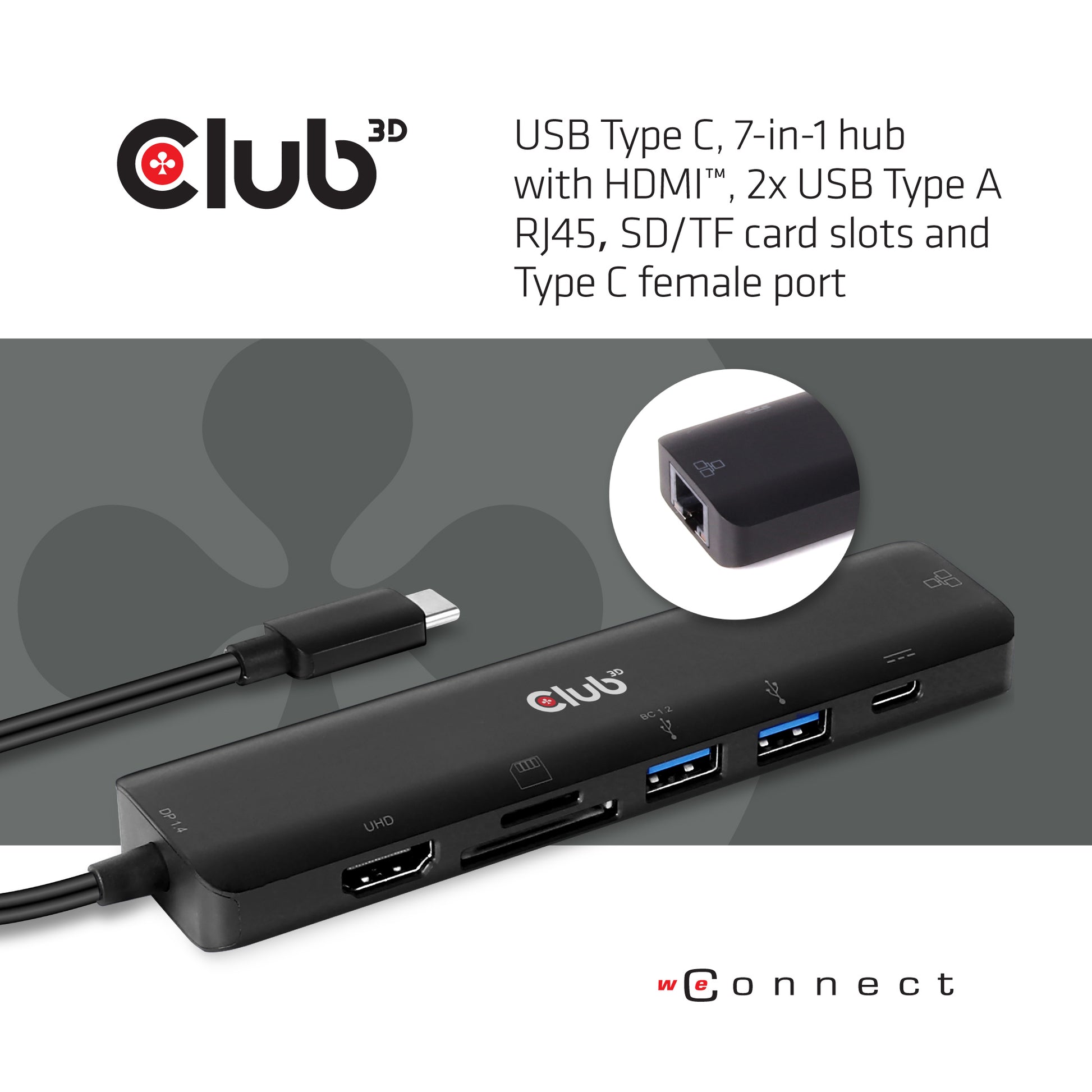 CLUB3D Club 3D USB-Hub – USB-C, 1× HDMI, 2× USB-A, 1× USB-C, 100 W PD, GbE, SD/microSD, für Windows/Mac/Linux