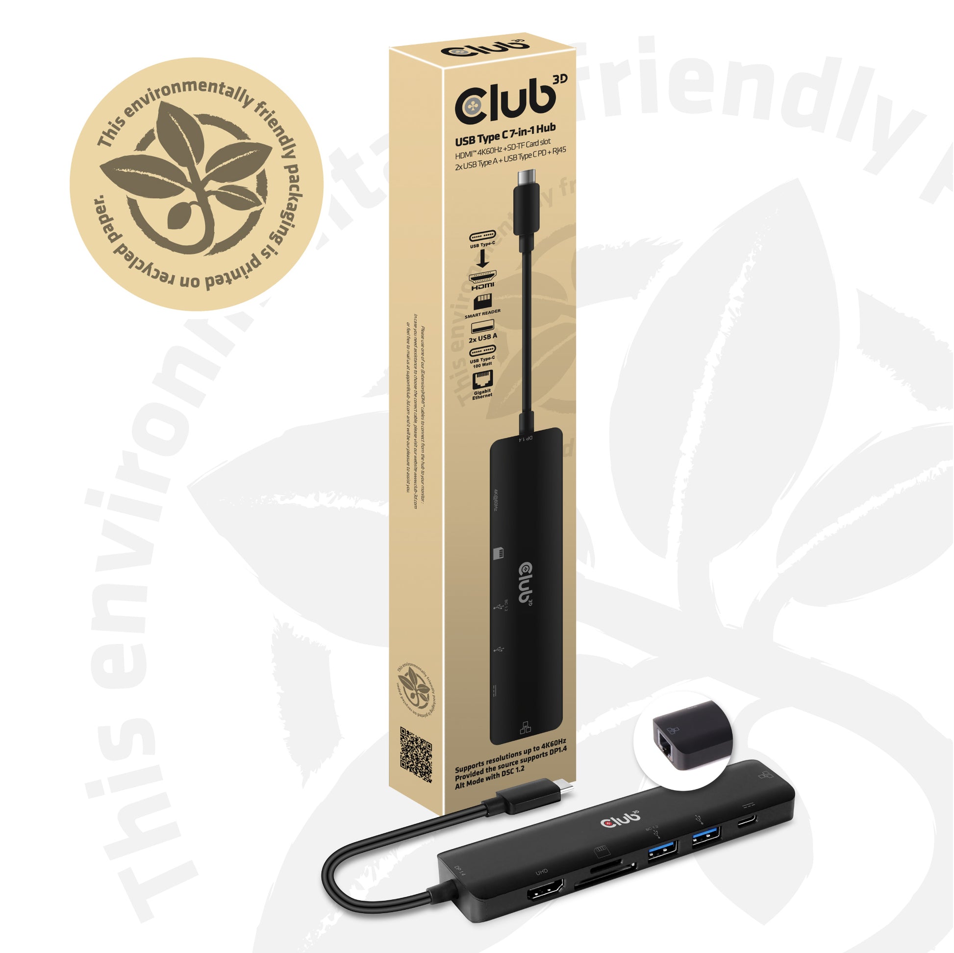 CLUB3D Club 3D USB-Hub – USB-C, 1× HDMI, 2× USB-A, 1× USB-C, 100 W PD, GbE, SD/microSD, für Windows/Mac/Linux