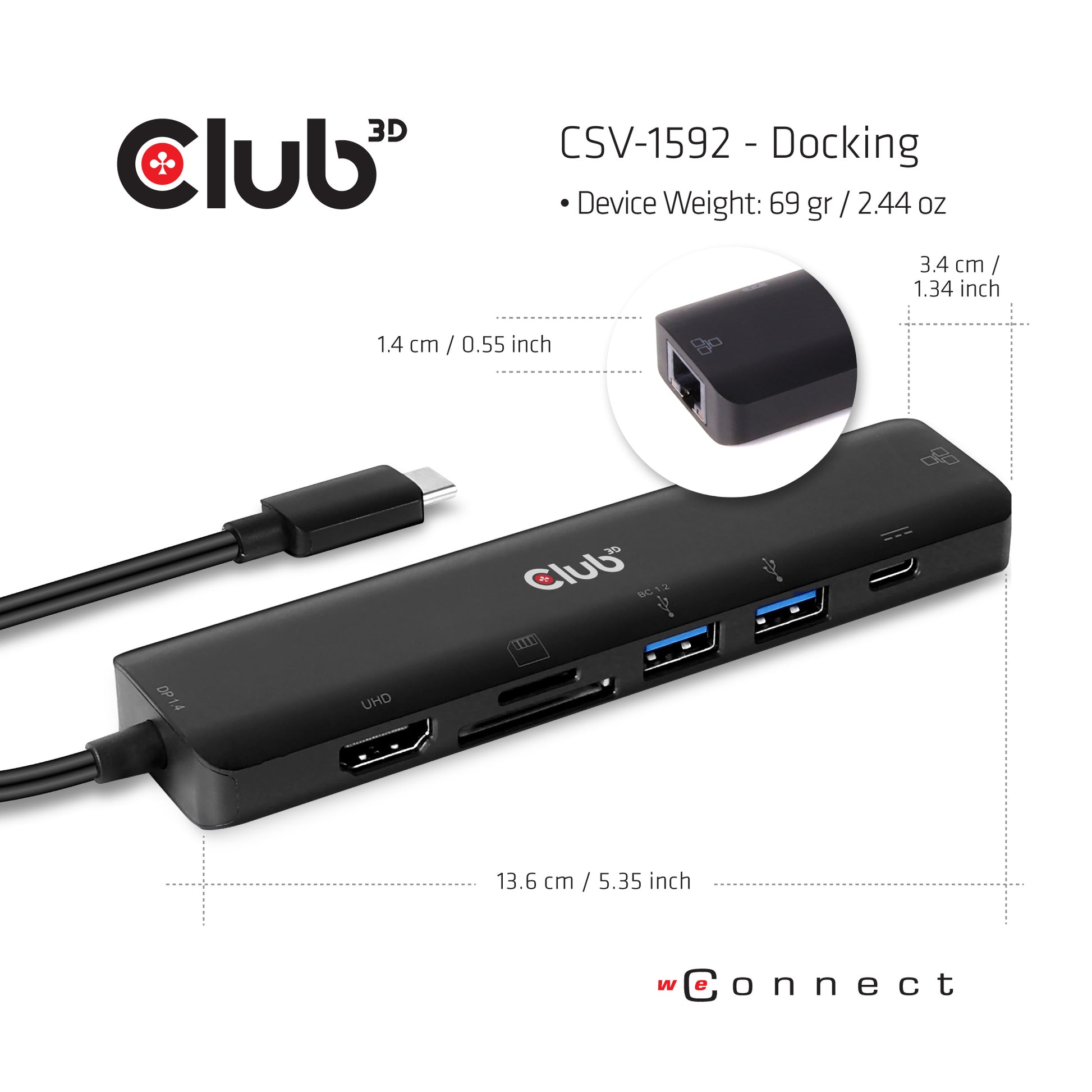 CLUB3D Club 3D USB-Hub – USB-C, 1× HDMI, 2× USB-A, 1× USB-C, 100 W PD, GbE, SD/microSD, für Windows/Mac/Linux