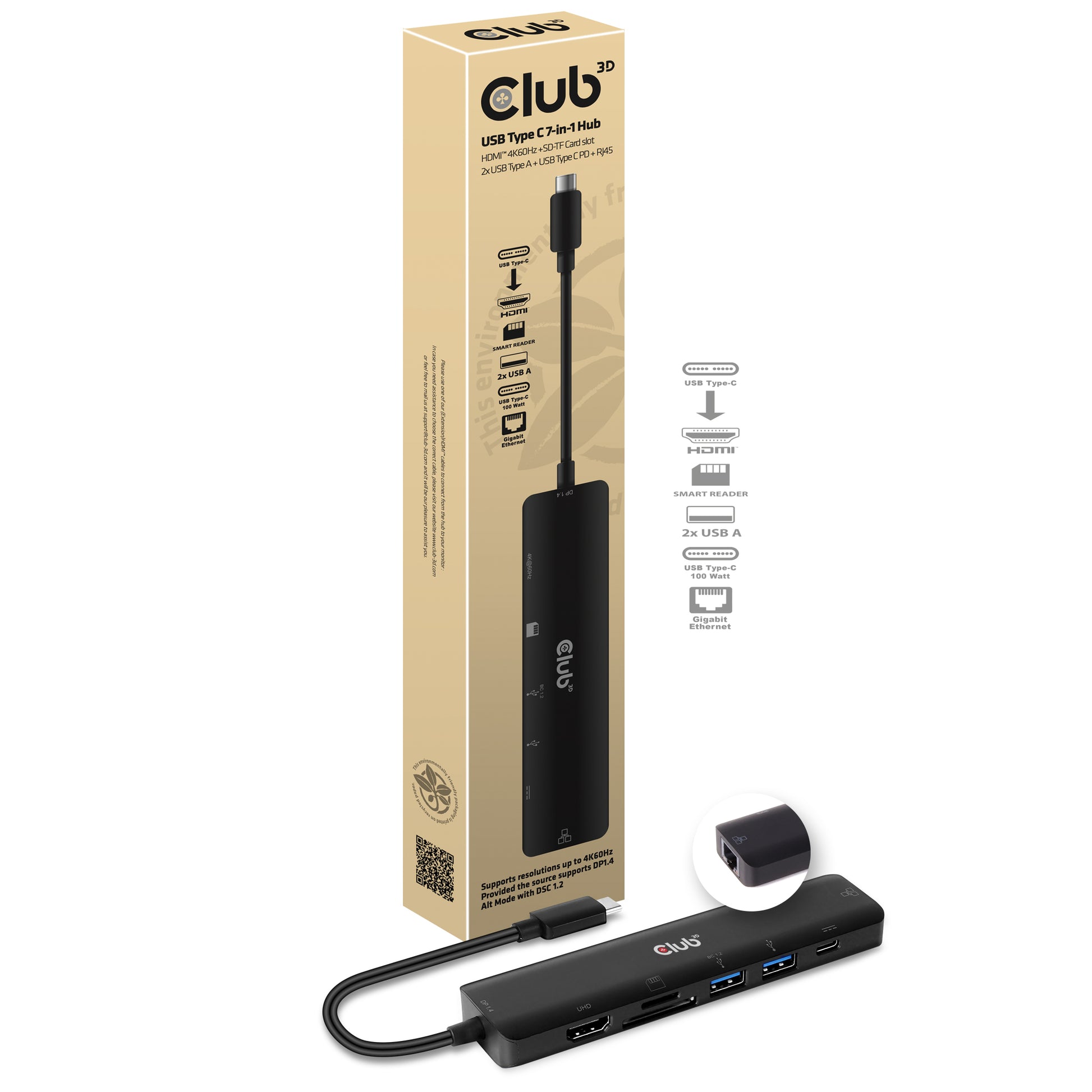 CLUB3D Club 3D USB-Hub – USB-C, 1× HDMI, 2× USB-A, 1× USB-C, 100 W PD, GbE, SD/microSD, für Windows/Mac/Linux