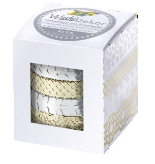 Folia Washi Tape Spitzenbordüre – wiederablösbar, Hotfoil, Papier, Silber/Gold, 2×10 mm × 5 m + 2×15 mm × 5 m
