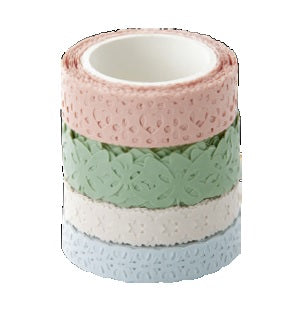 Folia Washi Tape Spitzenbordüre – wiederablösbar, 2×10 mm × 5 m + 2×15 mm × 5 m, Pastell, 4 Rollen