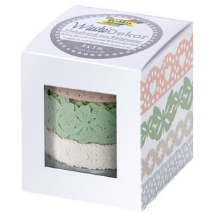 Folia Washi Tape Spitzenbordüre – wiederablösbar, 2×10 mm × 5 m + 2×15 mm × 5 m, Pastell, 4 Rollen