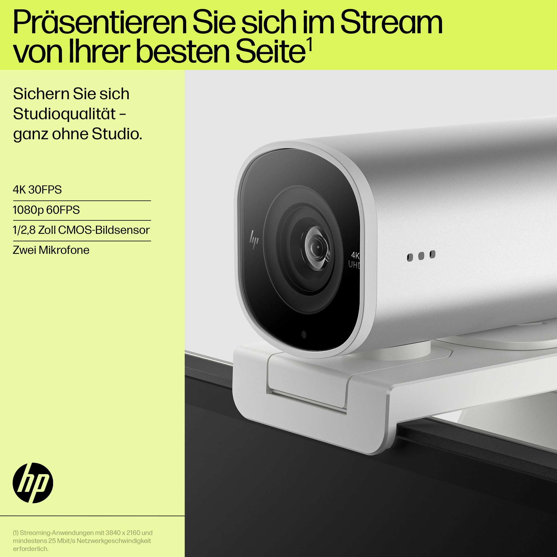 HP 960 – Webcam – 4K, bis 30 fps, USB‑A, Autofokus, 5× digitaler Zoom, Stereo-Mikrofon, Silber