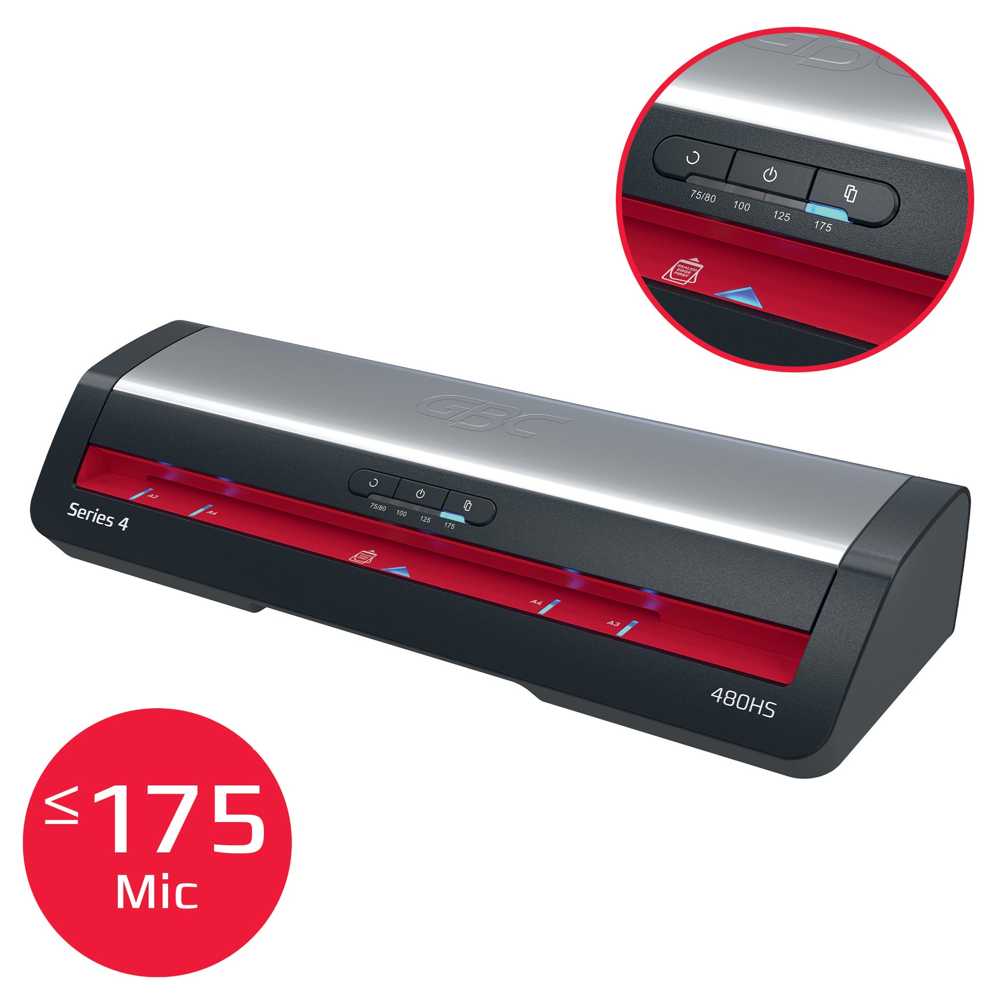 GBC 480HS Laminiergerät A3 – 2-Rollen, 75–175 µm, Aufheizzeit 1 Min., 800 mm/min, schwarz/silber/rot