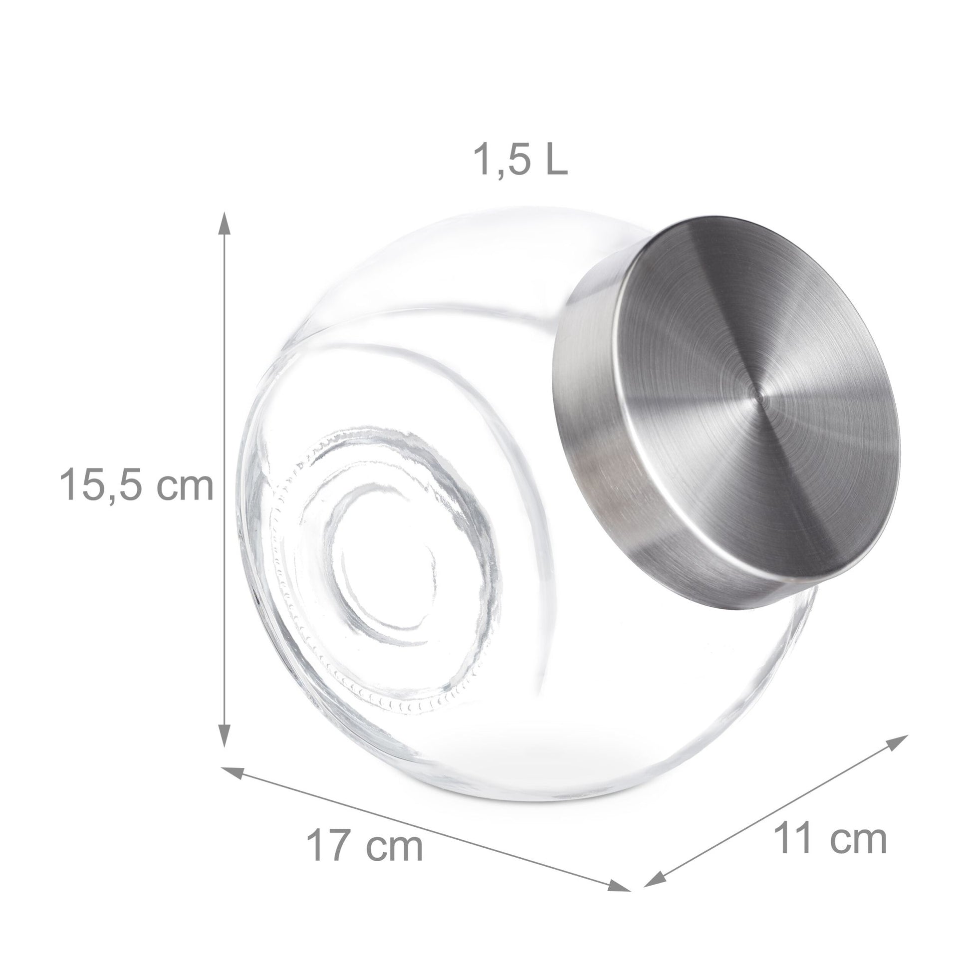 Relaxdays Vorratsdose 1,5 l, Ø 16 × 11 cm, Glas/Polypropylen (PP), Deckel Edelstahl, 2er-Set, transparent