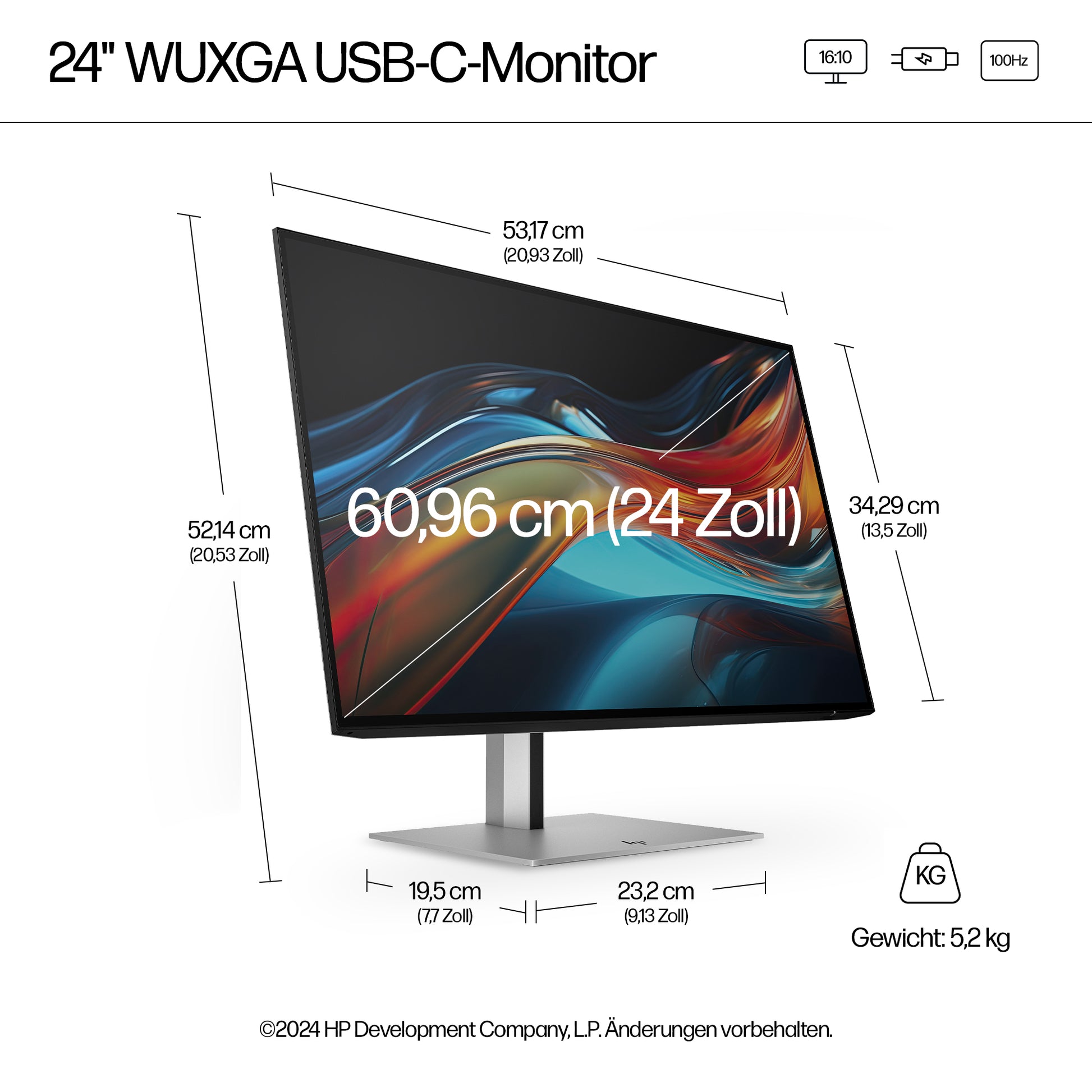 HP 724PU – Monitor, 24", 1920 × 1200 (WUXGA), IPS, 350 cd/m², HDMI, DisplayPort, USB