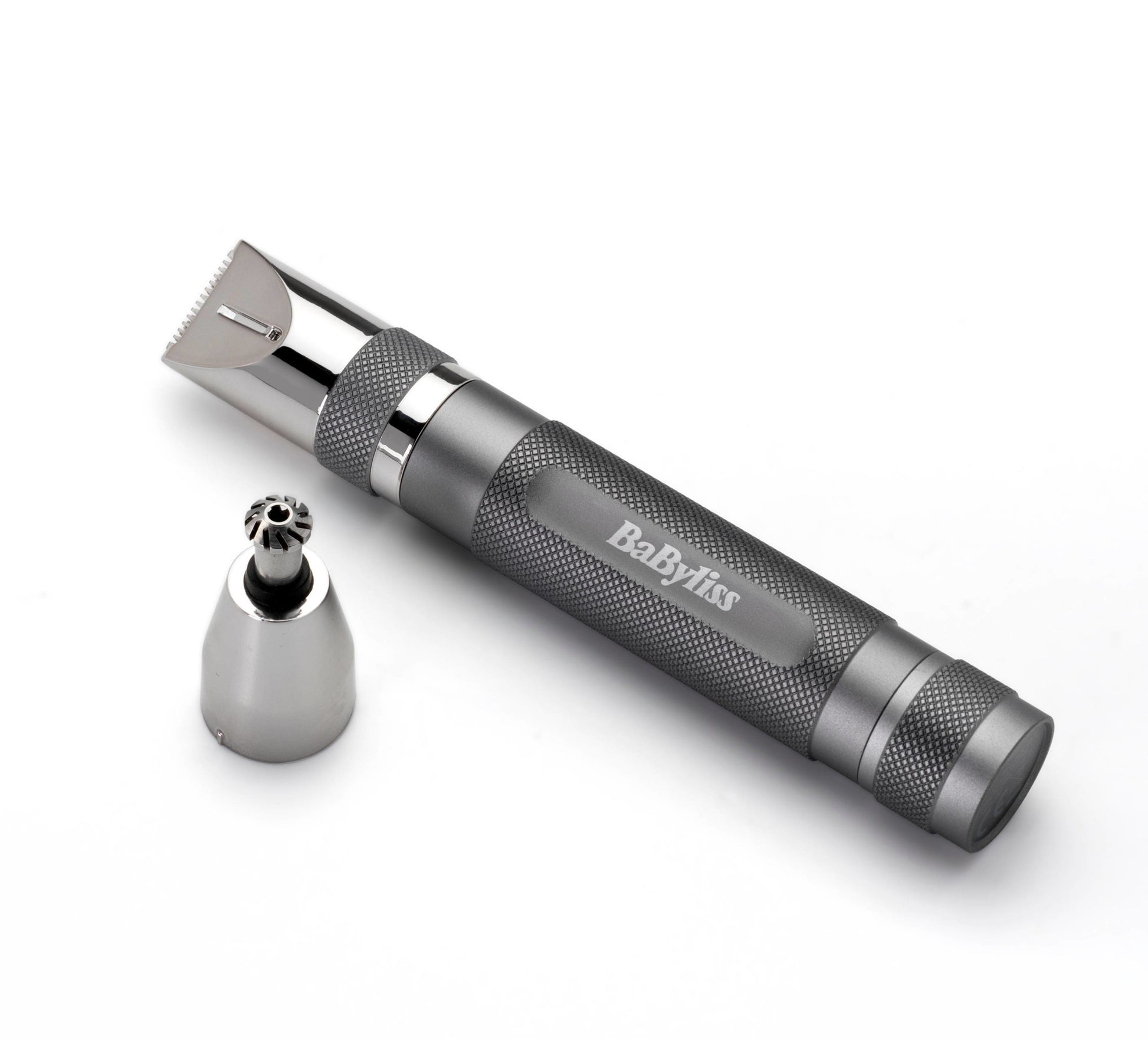 BaByliss Nasenhaarschneider E116E – batteriebetrieben, 2 Kammaufsätze – grau, Edelstahlmesser