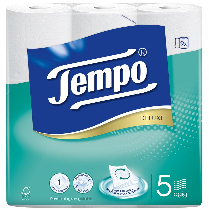 Tempo Deluxe Toilettenpapier – 5-lagig, 80 Blatt/Rolle – 9 Rollen