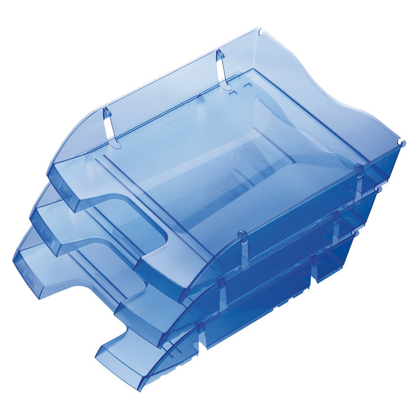 Helit Briefkorb – mit Beschriftungsfeld, glänzend, blau transparent, B 275 × H 66 × T 355 mm