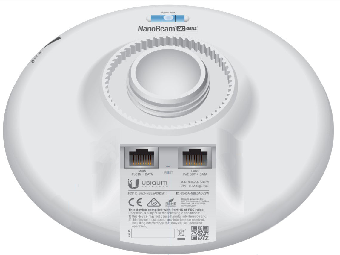Ubiquiti NanoBeam 5AC Gen2 NBE-5AC-GEN2 – 5 GHz Funkbrücke, 2× GbE, PoE, bis 15,0 km, 450 Mbit/s, Weiss