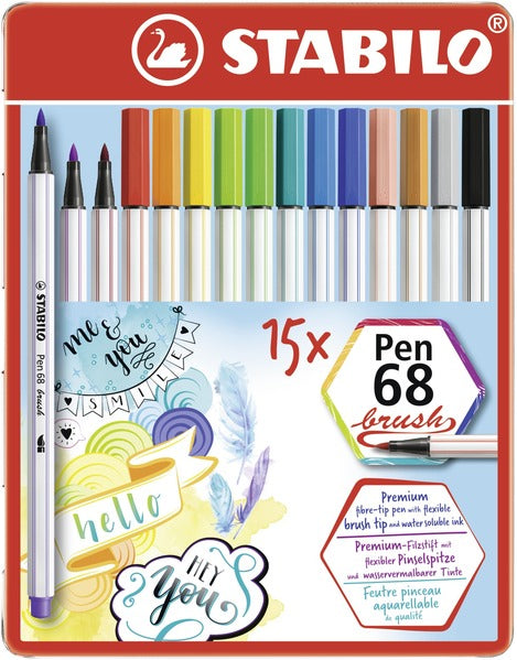 STABILO Pen 68 Brush – 15 Farben, wasserbasierte Tinte