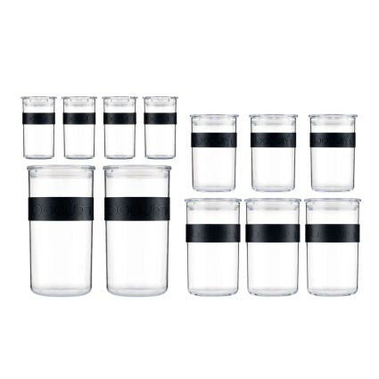 Bodum Vorratsglas – Kunststoff, Schwarz, Transparent, Deckel, Stapelbar, Spülmaschinenbeständig, 12 Stück