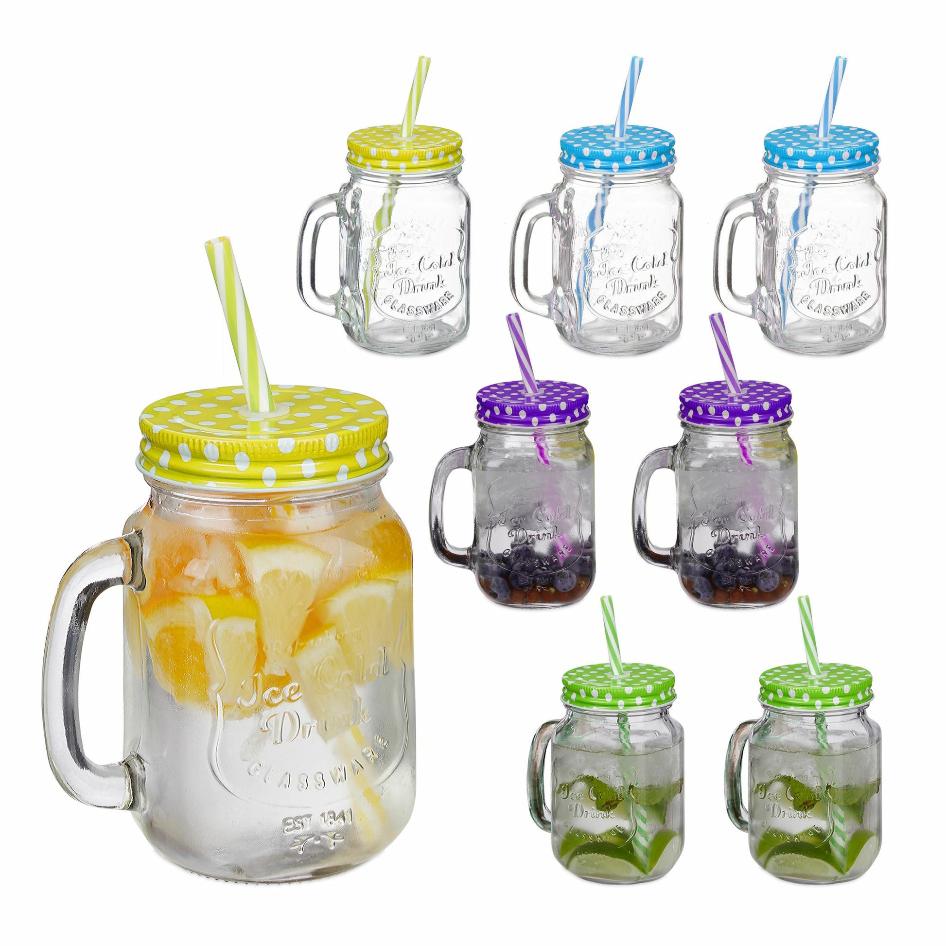 Relaxdays Trinkglas – 8er Set, 500 ml, 11,0 × 8,0 × 13,5 cm, Glas, Mehrfarbig, mit Strohhalm