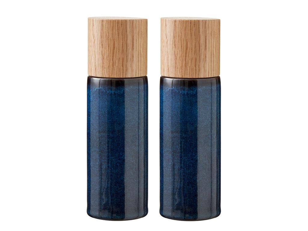 BITZ Salz- und Pfeffermühle 16,7 cm, Eiche/Keramik, Dunkelblau, 2er-Set
