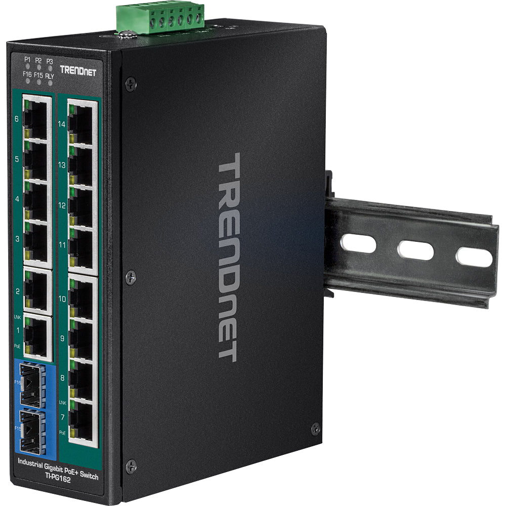 TRENDnet TI-PG162 – Switch – 14×GbE, 2×SFP, PoE+ 240 W, DIN-Rail
